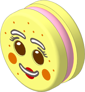 Minifig Head Round  1.8 x  1.8 Biscuit with Bright Pink Filling and Reddish Brown Eyes, White Brows and Mouth with Red Lips, Cheeks and Freckles Pattern