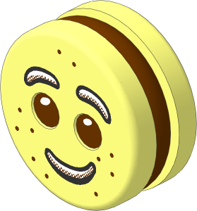 Minifig Head Round  1.8 x  1.8 Biscuit with Reddish Brown Filling and Reddish Brown Eyes and White Brows and Mouth with Freckles Pattern