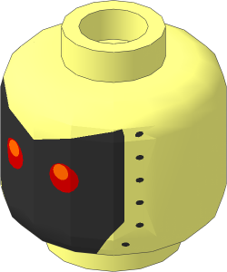 Minifig Head Robot with Red Eyes and 4 Black Outlined Squares Mouth on Silver Background with Black Rivets Pattern