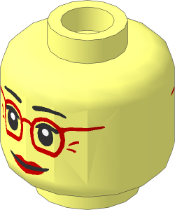 Minifig Head Female with Medium Nougat Glasses, Laugh Lines, Red Lips, Neutral / Raised Eyebrows Amused 2-Sided Pattern