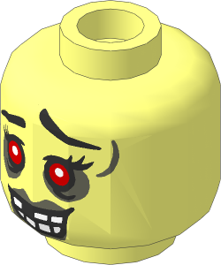 Minifig Head Female with Red Eyes and Dark Bluish Grey Lips and Wrinkles, Open Smile with Missing Tooth Pattern