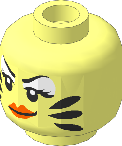 Minifig Head Female with Thin Black Eyebrows, White Eye Shadow, Orange Lips and Three Black Stripes on Cheeks Pattern