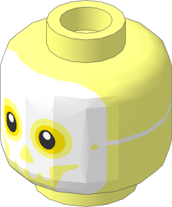 Minifig Head with White Skull Mask, Yellow Eyes and White String Tied in Back Pattern