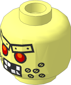Minifig Head Robot with Red Eyes, Metal Eyebrows with Rivets, Broken White Teeth and Stubble Bolts Pattern