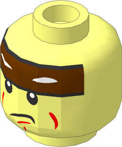 Minifig Head with Reddish Brown Headband with Squinted Batman Eyes, Sad Mouth Pattern