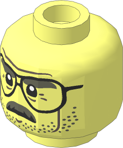 Minifig Head with Large Glasses with Dark Grey Eyebrows, Moustache and Stubbles and Dark Brown Cheek Lines Pattern
