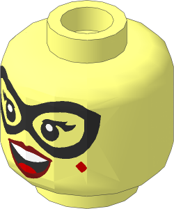 Minifig Head Female with Black Eye Mask, Dark Red Lips, Red Tongue and Diamond on Cheek, Open Smile with Top Teeth Pattern