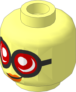 Minifig Head Female with Large Round Glasses with Bright Light Blue Lenses and Black Frames, Orange Lips with Slight Crooked Smile Pattern