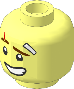 Minifig Head with Reddish Brown Eyebrows, Medium Nougat Scar, White Band-Aid, Lopsided Grin with Teeth / Determined 2-Sided Pattern
