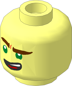 Minifig Head with Reddish Brown Eyebrows, Green Eyes, Lopsided Open Mouth Grin / Gritted Teeth 2-Sided Pattern