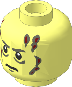 Minifig Head with White Pupils, Dark Bluish Grey Eyebrows and Dark Red Scars Pattern
