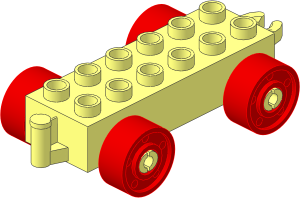 Duplo Car Base  2 x  6 with Bottom Tube, with Red Wheels with Fake Bolts