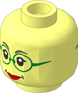 Minifig Head Female with Glasses with Gold Frames, Peach Lips, Smiling / Smiling with Teeth 2-Sided Pattern