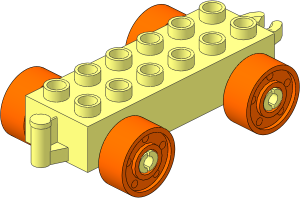 Duplo Car Base  2 x  6 with Bottom Tube, with Orange Wheels with Fake Bolts