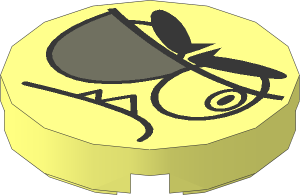 Tile  2 x  2 Round with Round Underside Stud with Black Stern Eyebrows and Closed Mouth with Two Sharp Teeth and Dark Bluish Grey Eyepatch Pattern