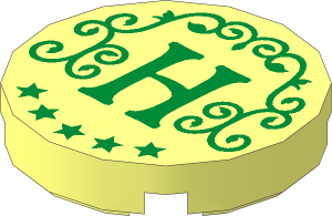 Tile  2 x  2 Round with Round Underside Stud with Gold H, 5 Stars and Ornamented Vine Pattern