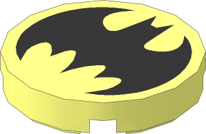 Tile  2 x  2 Round with Round Underside Stud with Black Batman Logo Pattern