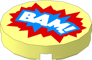 Tile  2 x  2 Round with Round Underside Stud with White "BAM!" on Red and Medium Blue Burst Cloud Pattern