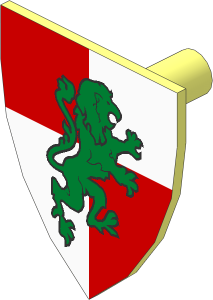 Minifig Shield Triangular with Gold Lion on Red/White Quarters Pattern
