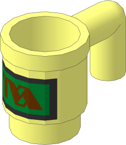 Minifig Cup with Reddish Brown "TVA" Logo on Metallic Gold Rectangle Pattern