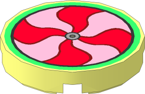Tile  2 x  2 Round with Round Underside Stud with Red and Pink Fan Pattern