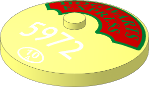 Dish  4 x  4 Inverted with Metallic Gold "HOGWARTS EXPRESS" on Red Background and Large White "5972" and "10 A" in Circle Pattern