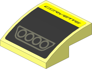 Slope Brick Curved  2 x  2 x  0.667 with Dark Grey Exhaust Pipes on Black Background and Black "CORVETTE" on Yellow Background Sticker