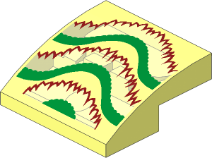 Slope Brick Curved  2 x  2 x  0.667 with Gold and Bright Light Orange Ruffles with Dark Red Outline Pattern