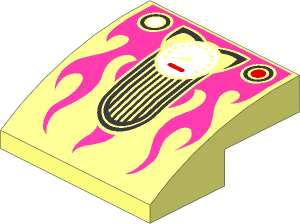 Slope Brick Curved  2 x  2 x  0.667 with Cat Ears, White Speedometer, Metallic Silver Grille, and Medium Lilac Flames Pattern