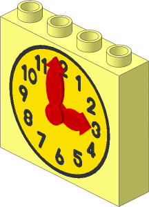 Duplo Brick  1 x  4 x  3 with Black and Yellow Clock Face Pattern and Red Articulated Hands