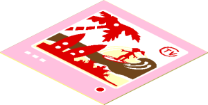 Sticker  1.9 x  1.9 with "TV" and Surfer and Palm Tree on Screen