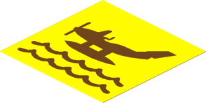 Sticker  1.9 x  1.9 with Medium Azure Seaplane and Waves on Yellow Background, Heading Left