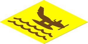 Sticker  1.9 x  1.9 with Medium Azure Seaplane and Waves on Yellow Background, Heading Right