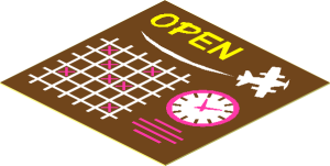 Sticker  1.9 x  1.9 with "OPEN", White Seaplane, Schedule Grid and Clock